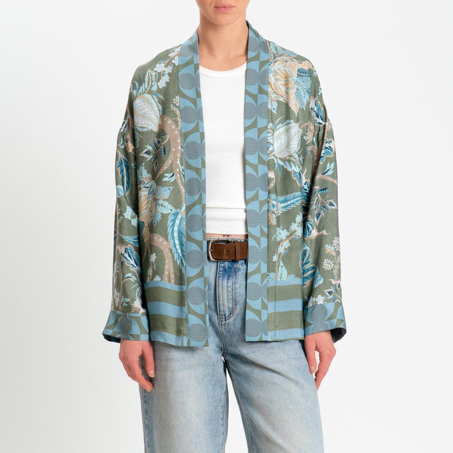 Wu'side-Kimono corto fantasia floreale - salvia/beige/azzurro