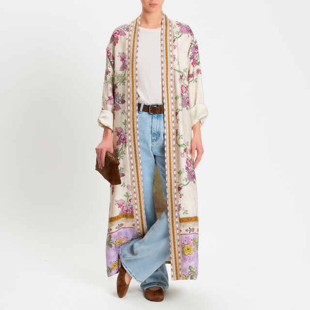 Wu'side-Kimono lungo fantasia floreale - panna/fucsia/lilla