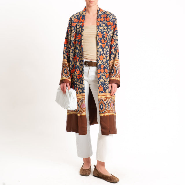 Wu'side-Kimono lungo fantasia floreale - blu/cuoio/orange
