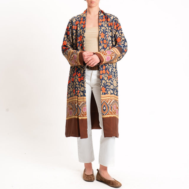 Wu'side-Kimono lungo fantasia floreale - blu/cuoio/orange