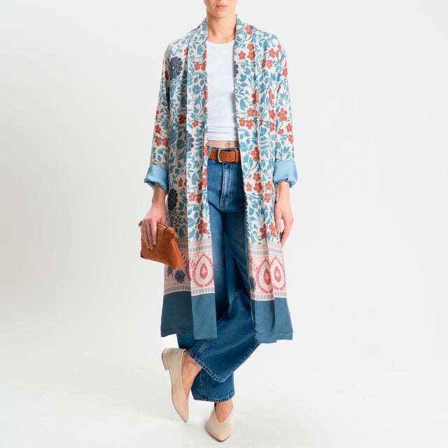 Wu'side-Kimono lungo fantasia floreale - azzurro/panna/rosa