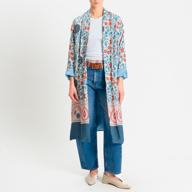 Wu'side-Kimono lungo fantasia floreale - azzurro/panna/rosa