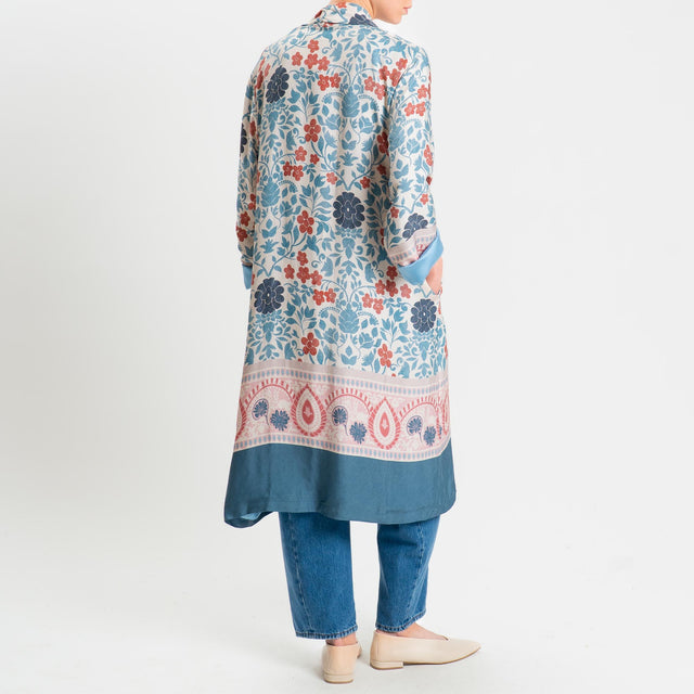 Wu'side-Kimono lungo fantasia floreale - azzurro/panna/rosa