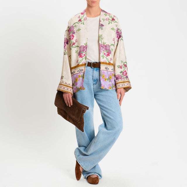 Wu'side-Kimono corto fantasia floreale - panna/fucsia/lilla