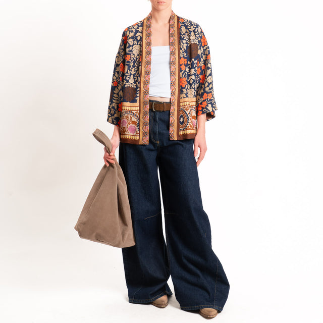 Wu'side-Kimono corto fantasia floreale - blu/cuoio/orange
