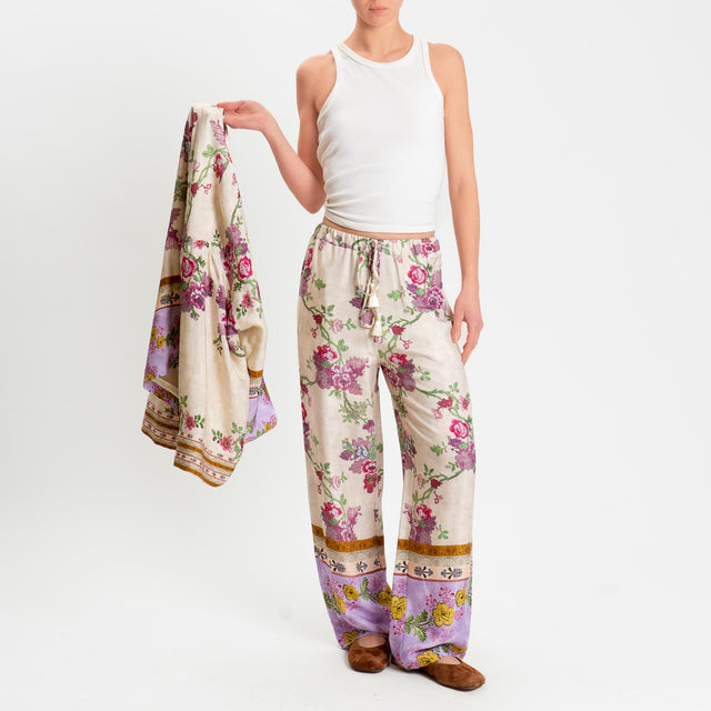 Wu'side-Pantalone fantasia floreale - panna/fucsia/lilla
