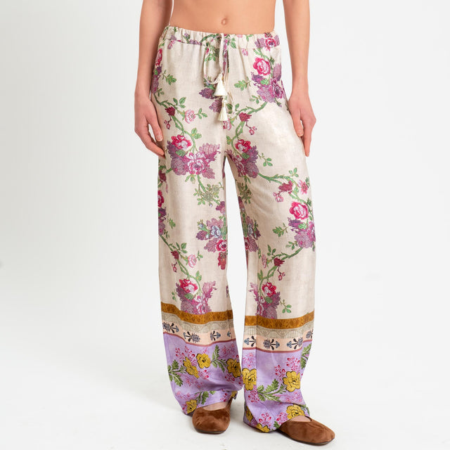 Wu'side-Pantalone fantasia floreale - panna/fucsia/lilla