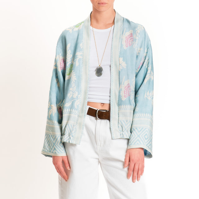 Wu'side-Kimono bomber fantasia floreale con tasche - azzurro/latte