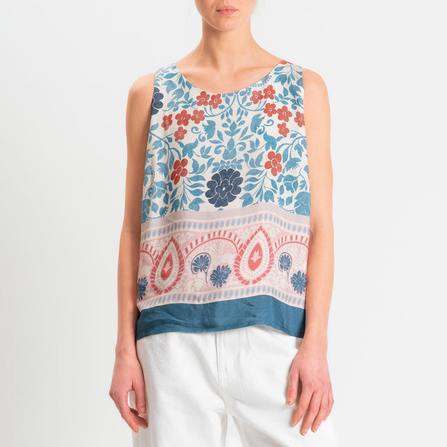 Wu'side-Top fantasia floreale bottone dietro - azzurro/panna/rosa