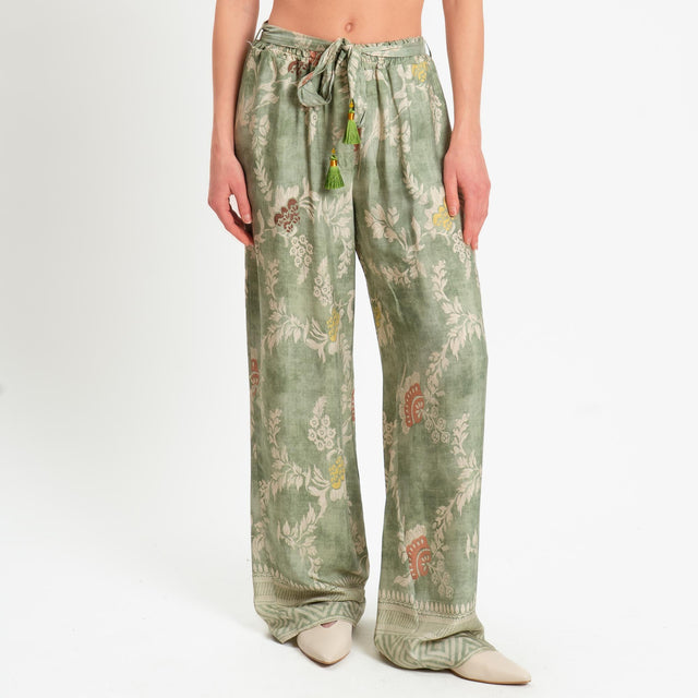 Wu'side-Pantalone fantasia floreale con coulisse - verde/sand