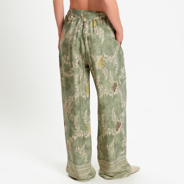 Wu'side-Pantalone fantasia floreale con coulisse - verde/sand