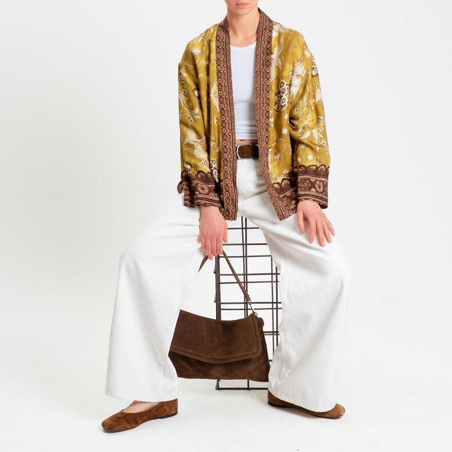 Wu'side-Kimono corto fantasia floreale - Senape/cioccolato
