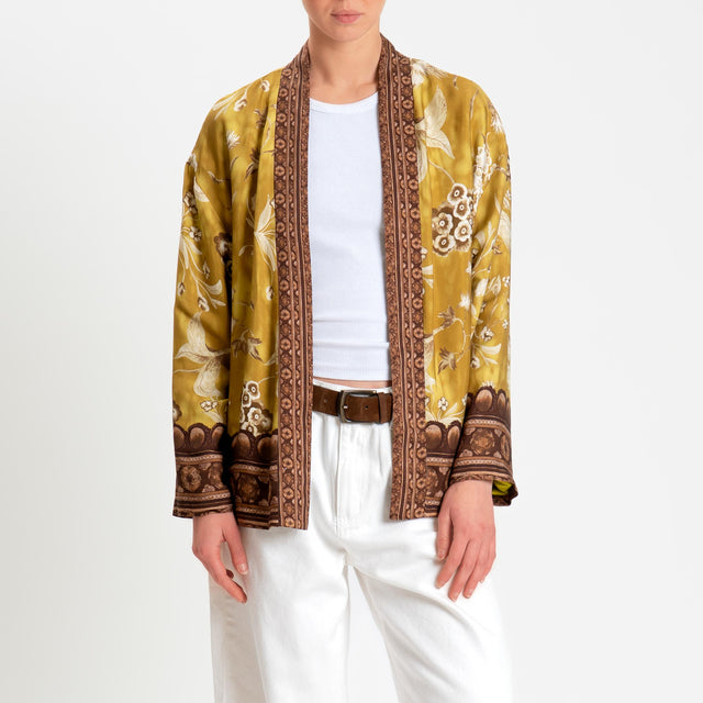 Wu'side-Kimono corto fantasia floreale - Senape/cioccolato