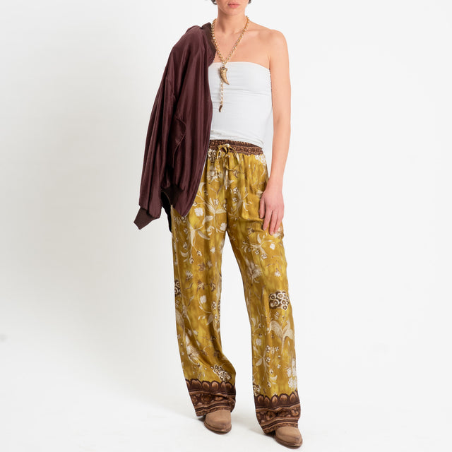 Wu'side-Pantalone fantasia floreale con coulisse - Senape/cioccolato