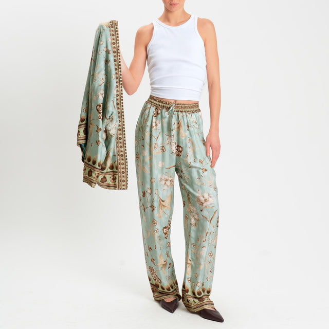 Wu'side-Pantalone fantasia floreale con coulisse - menta/cioccolato