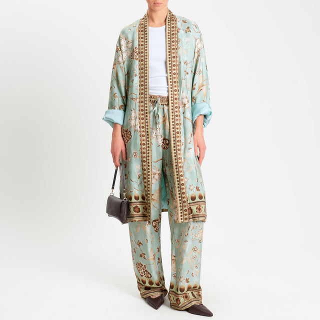 Wu'side-Pantalone fantasia floreale con coulisse - menta/cioccolato