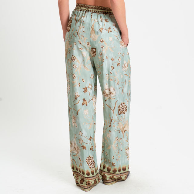 Wu'side-Pantalone fantasia floreale con coulisse - menta/cioccolato