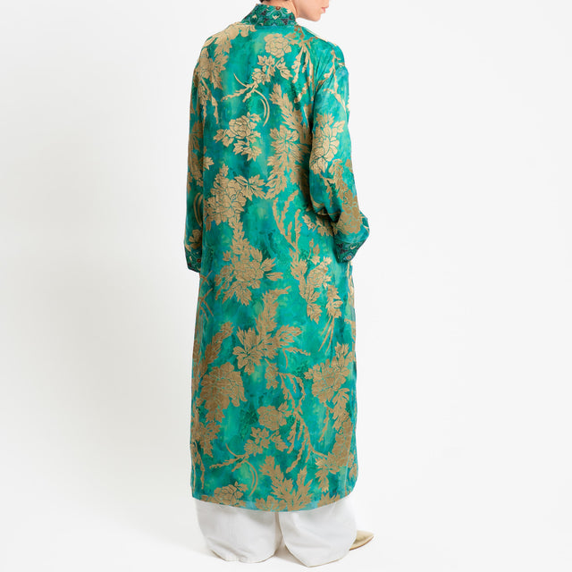 Wu'side-Kimono organza fantasia floreale - smeraldo/sand/nero