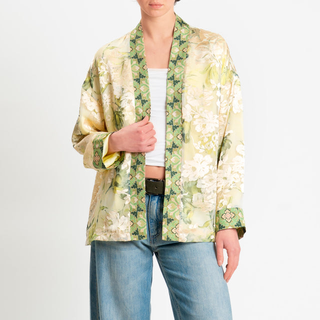 Wu'side-Kimono corto organza fantasia floreale - crema/mimosa/salvia