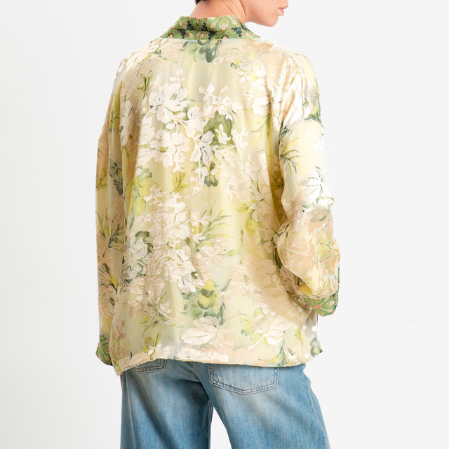 Wu'side-Kimono corto organza fantasia floreale - crema/mimosa/salvia