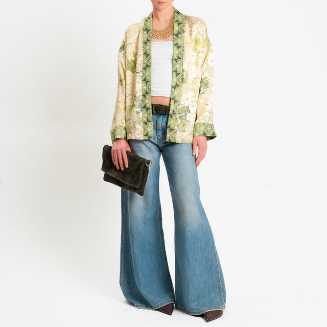 Wu'side-Kimono corto organza fantasia floreale - crema/mimosa/salvia