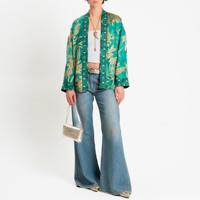 Wu'side-Kimono corto organza fantasia floreale - smeraldo/sand/nero