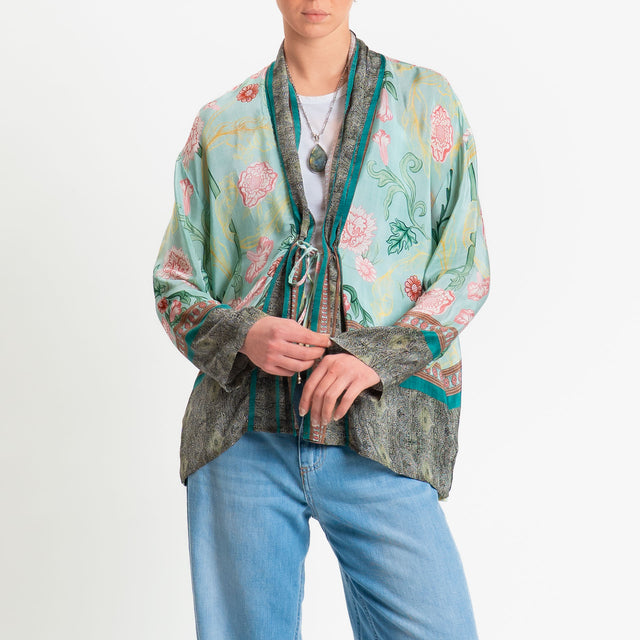 Wu'side-Kimono fantasia floreale con coulisse - menta/rosa/militare