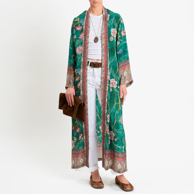 Wu'side-Kimono lungo fantasia floreale - smeraldo/rust/moro