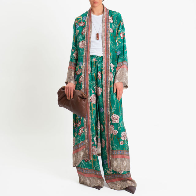 Wu'side-Kimono lungo fantasia floreale - smeraldo/rust/moro