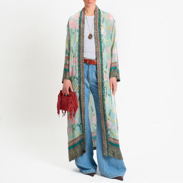 Wu'side-Kimono lungo fantasia floreale - menta/rosa/militare
