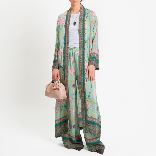Wu'side-Kimono lungo fantasia floreale - menta/rosa/militare