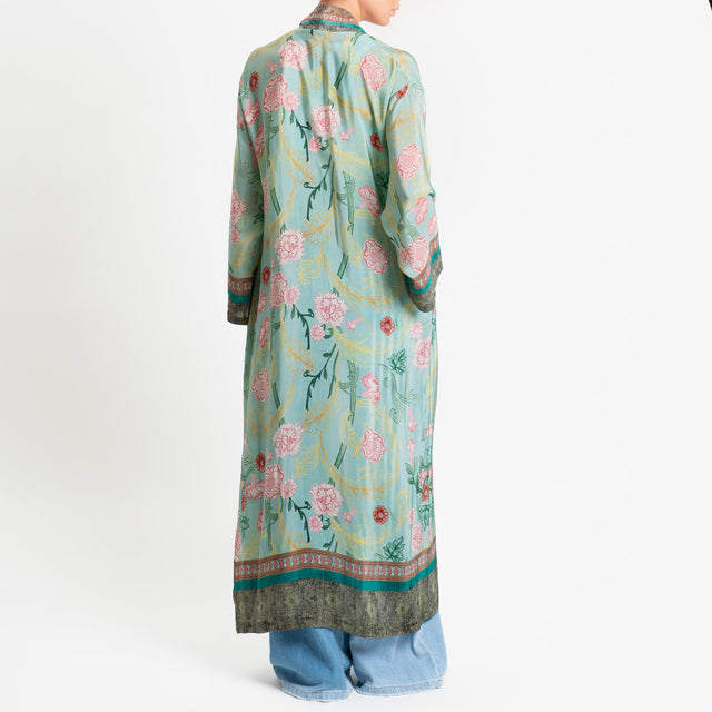 Wu'side-Kimono lungo fantasia floreale - menta/rosa/militare