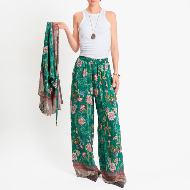 Wu'side-Pantalone fantasia floreale elastico in vita - smeraldo/rust/moro