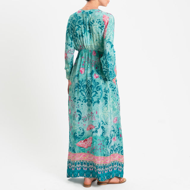 Wu'side-Abito scollo v fantasia floreale - acqua/pink/fucsia