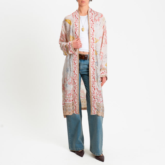Wu'side-Kimono lungo fantasia floreale - avorio/nocciola/blush