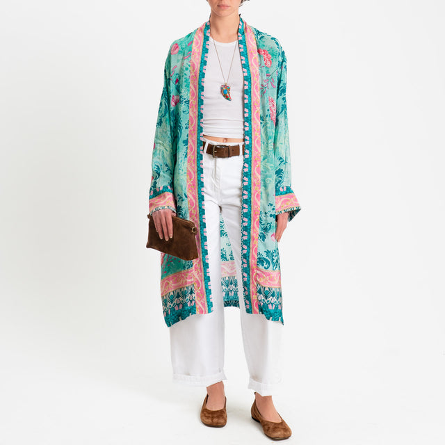 Wu'side-Kimono lungo fantasia floreale - acqua/pink/fucsia