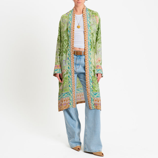 Wu'side-Kimono lungo fantasia floreale - verde/cuoio/lilla