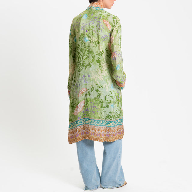 Wu'side-Kimono lungo fantasia floreale - verde/cuoio/lilla