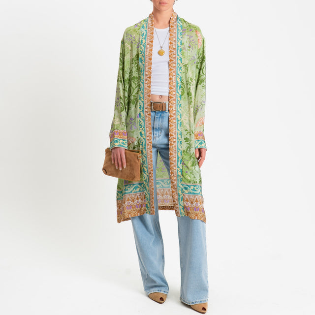 Wu'side-Kimono lungo fantasia floreale - verde/cuoio/lilla