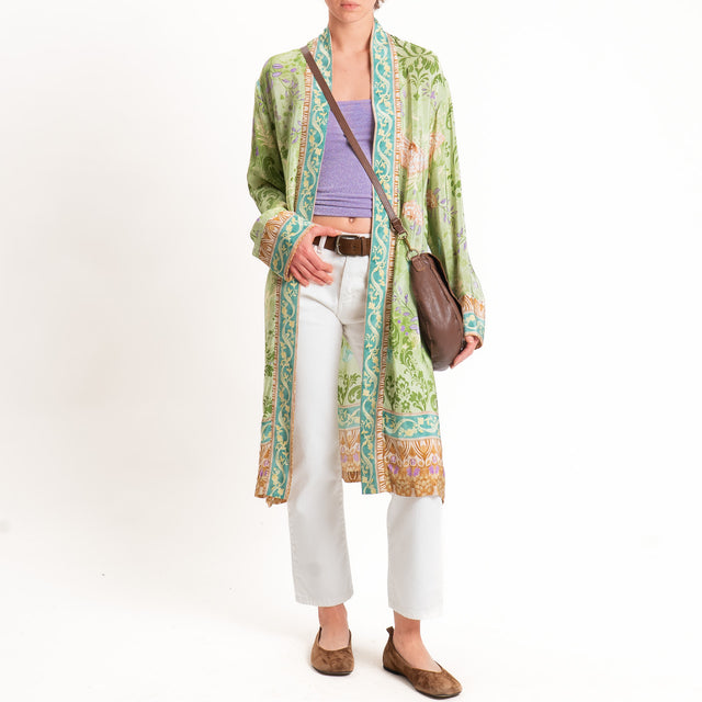 Wu'side-Kimono lungo fantasia floreale - verde/cuoio/lilla