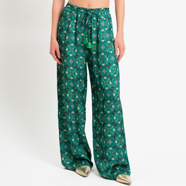 Wu'side-Pantalone fantasia floreale con coulisse - smeraldo/sand/nero