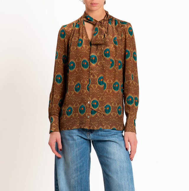 Wu'side-Camicia fantasia con fiocco - marrone/petrolio