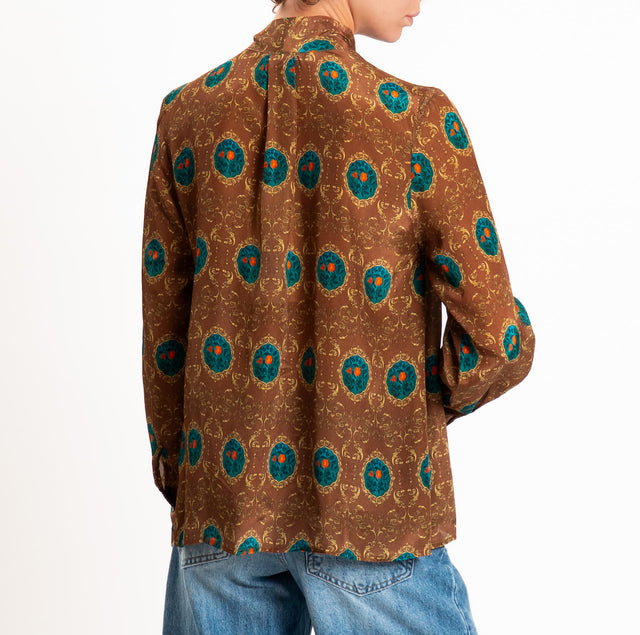 Wu'side-Camicia fantasia con fiocco - marrone/petrolio