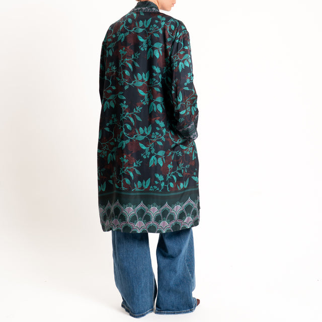 Wu'side-Kimono lungo fantasia botanica - blu/moro/ottanio