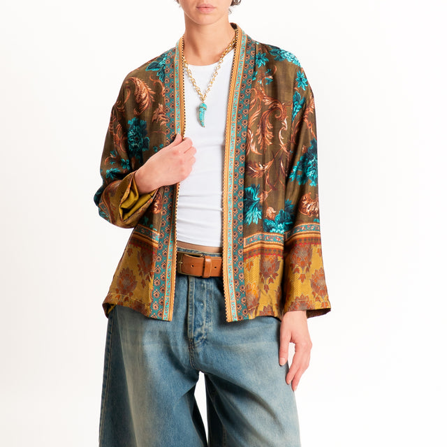 Wu'side-Kimono corto fantasia floreale - tabacco/turchese