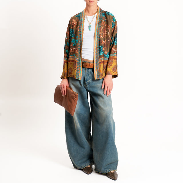 Wu'side-Kimono corto fantasia floreale - tabacco/turchese