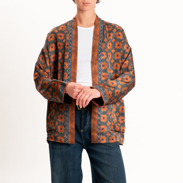 Wu'side-Kimono corto fantasia geometrica - ruggine/blu/militare