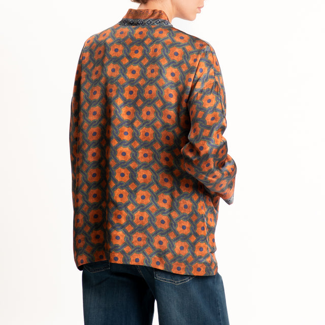 Wu'side-Kimono corto fantasia geometrica - ruggine/blu/militare