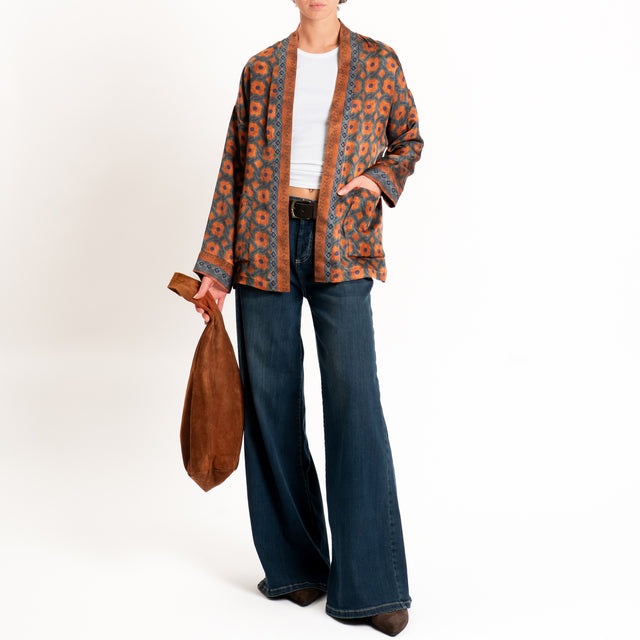 Wu'side-Kimono corto fantasia geometrica - ruggine/blu/militare