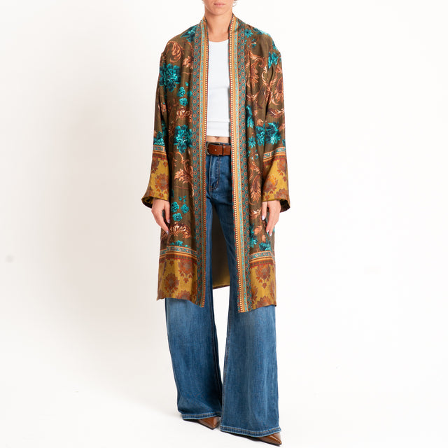 Wu'side-Kimono lungo fantasia floreale - tabacco/turchese